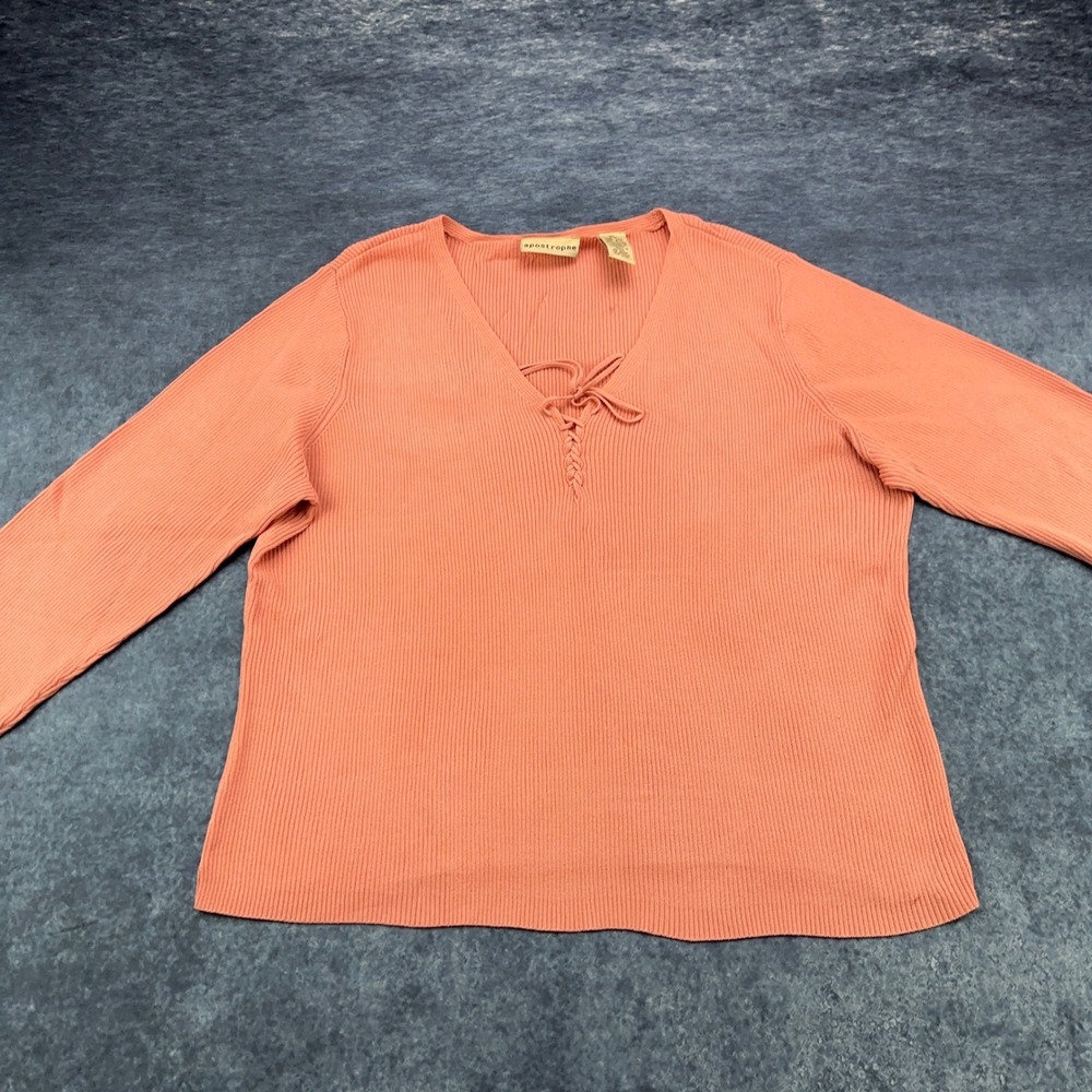 Apostrophe Womens XL Coral Pink Ribbed Knit Lace Up V-Neck Sweater Long Sleeve